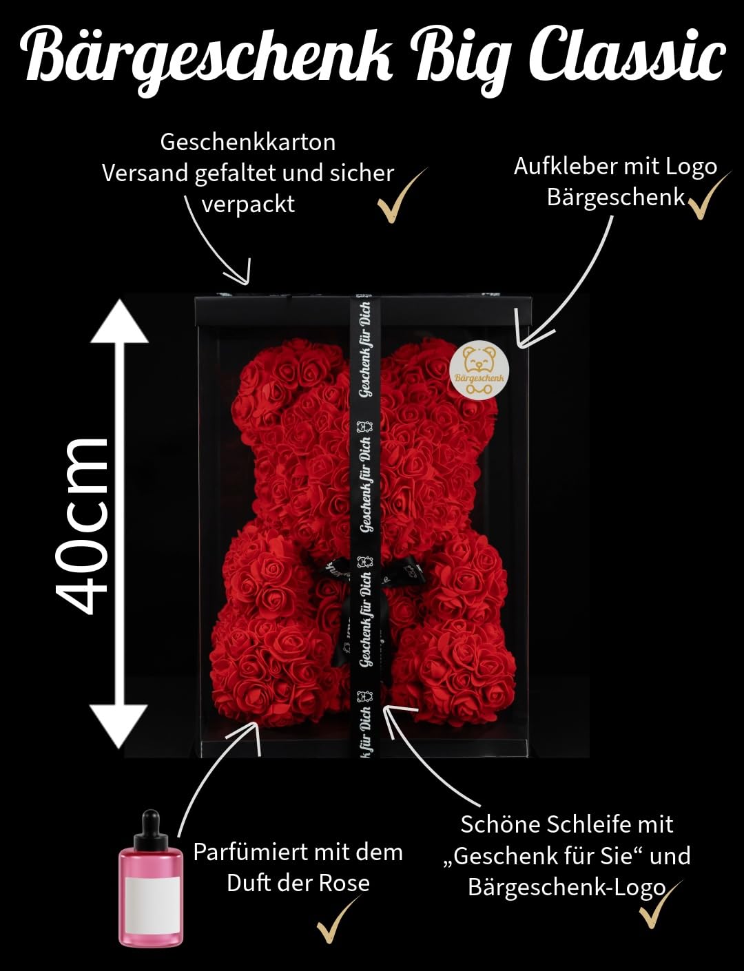 Bärgeschenk Big Classic jasnoczerwony miś 40 cm z wiecznych róż w pudełku prezentowym