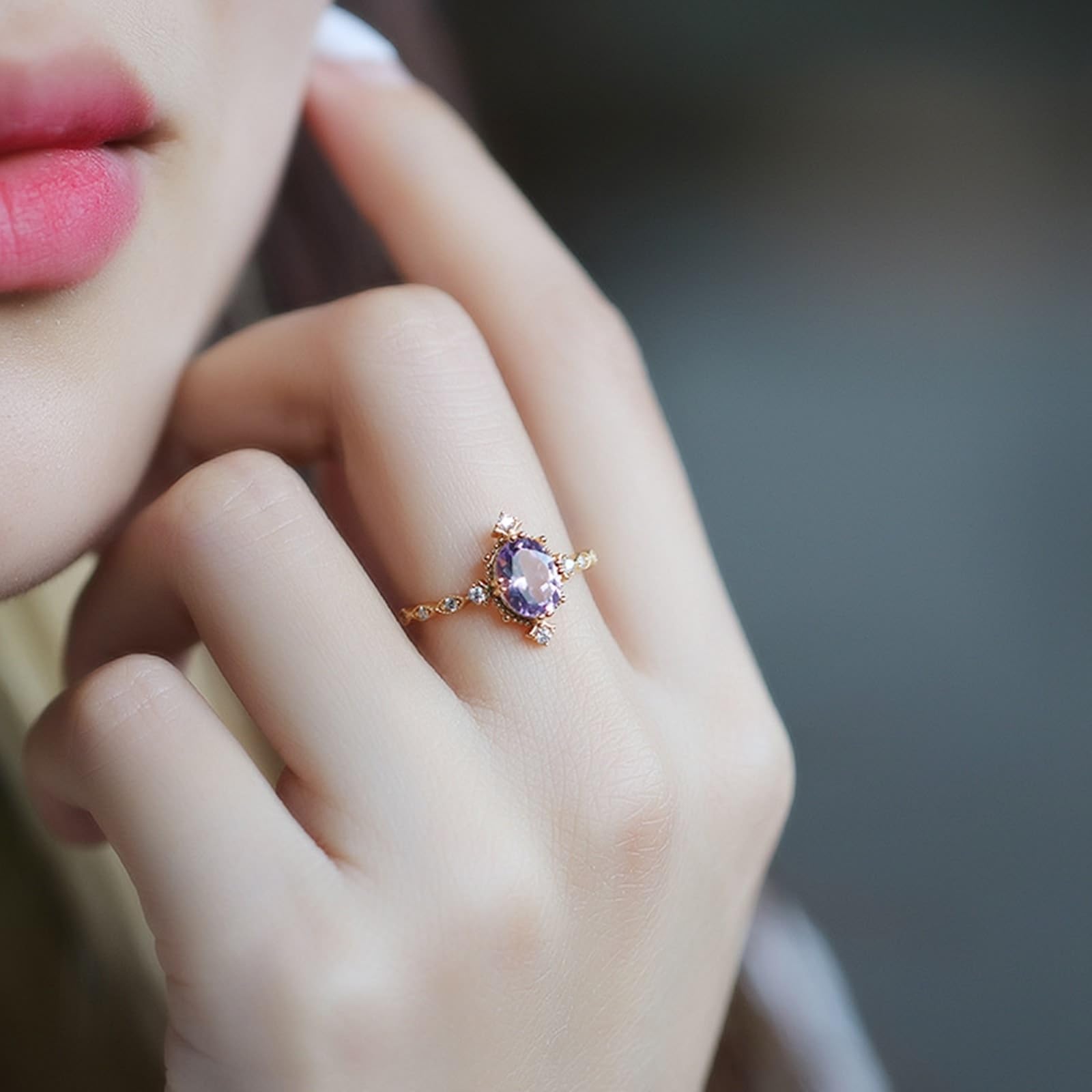 Alianzas de boda 9 K/14 K/18 K oro rosa con amatista púrpura ovalada, clásicas