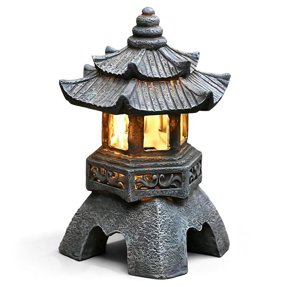 Pagoda decorativa giapponese, lampada solare da giardino, statua decorativa da giardino, 26 x 17 cm