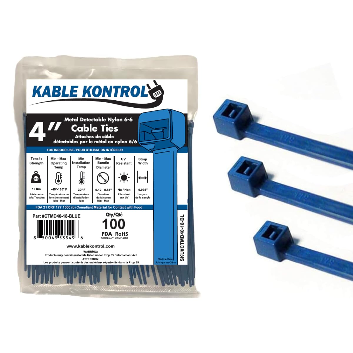 Kable Kontrol Metal Detectable Blue Zip Ties 100 Pcs 4 Inch, 18 Lbs Tensile Strength, Iron Infused Self-Locking Industrial Cable Ties