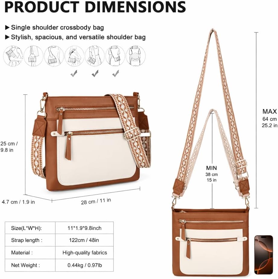 Women's Crossbody Handbags Vegan Leather Purse with Guitar Strap, Multi Pockets Lightweight Shoulder Bag