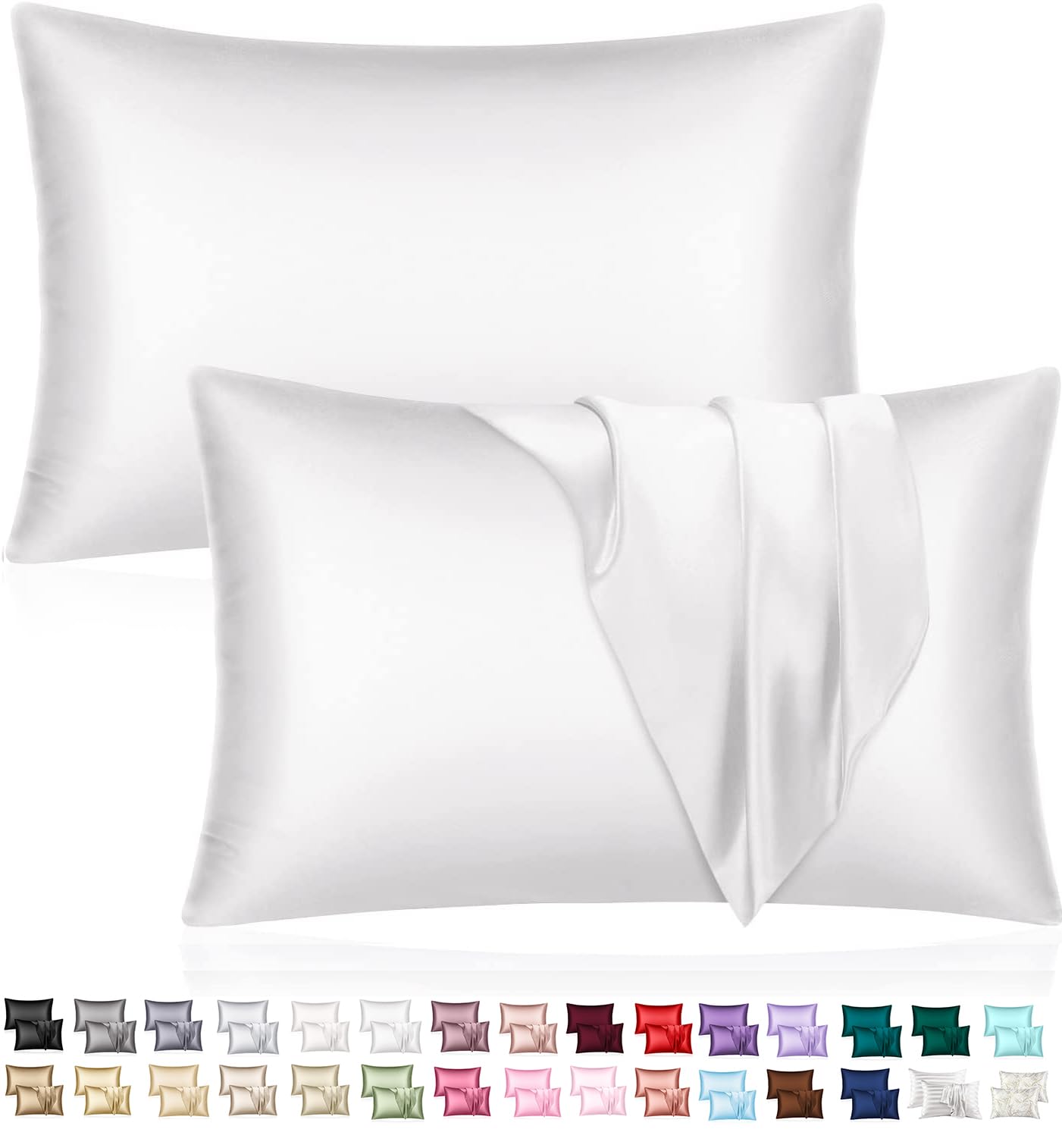 Sanoor Mulberry Satin Silk Pillowcase for Hair and Skin - Soft Breathable Smooth Both Sided Silk Pillow Cover Pair - Standard Size 50x75cm, 2pc (Pure White, Standard)