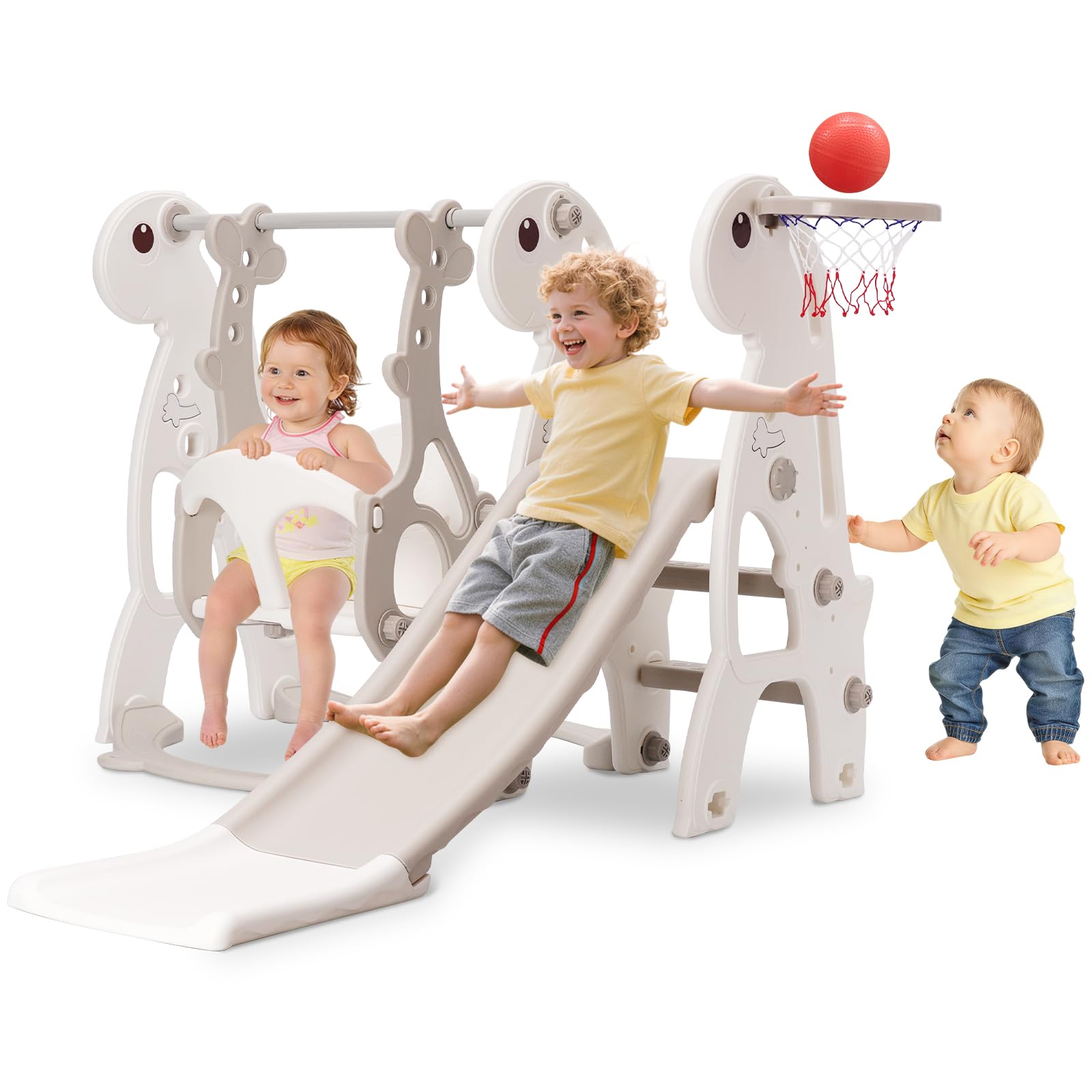 Children's Slides Outdoor and Indoor Complete Set for Children with Slide Basketball Basket and Height Adjustable Swing (Grey)