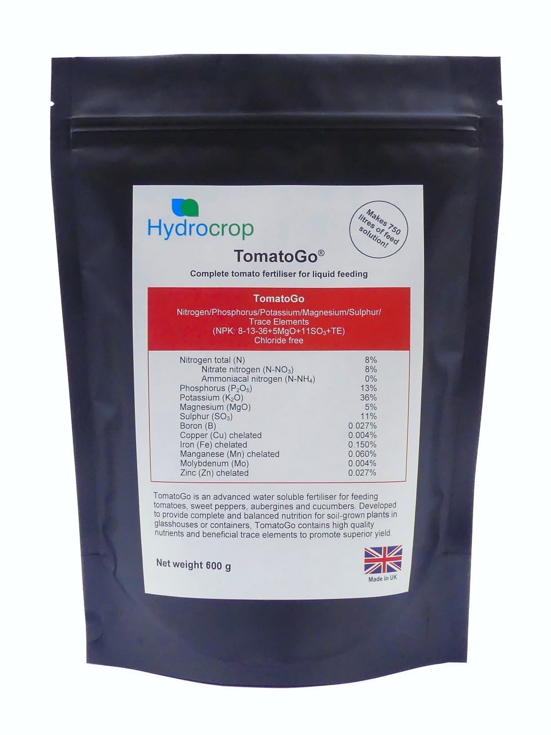 Hydrocrop Water Soluble Tomato Plant Fertiliser Feed High Potash Yield Booster (600g TomatoGo)