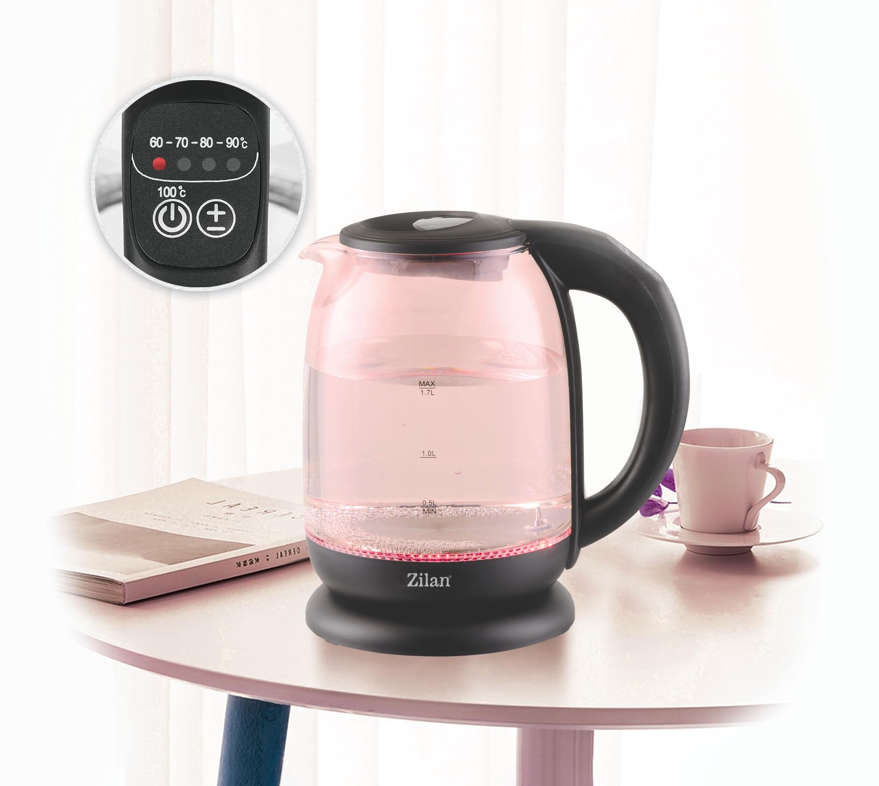 Bouilloire en verre numérique LED 1.7L 2200W 5 réglages température sans fil 360°