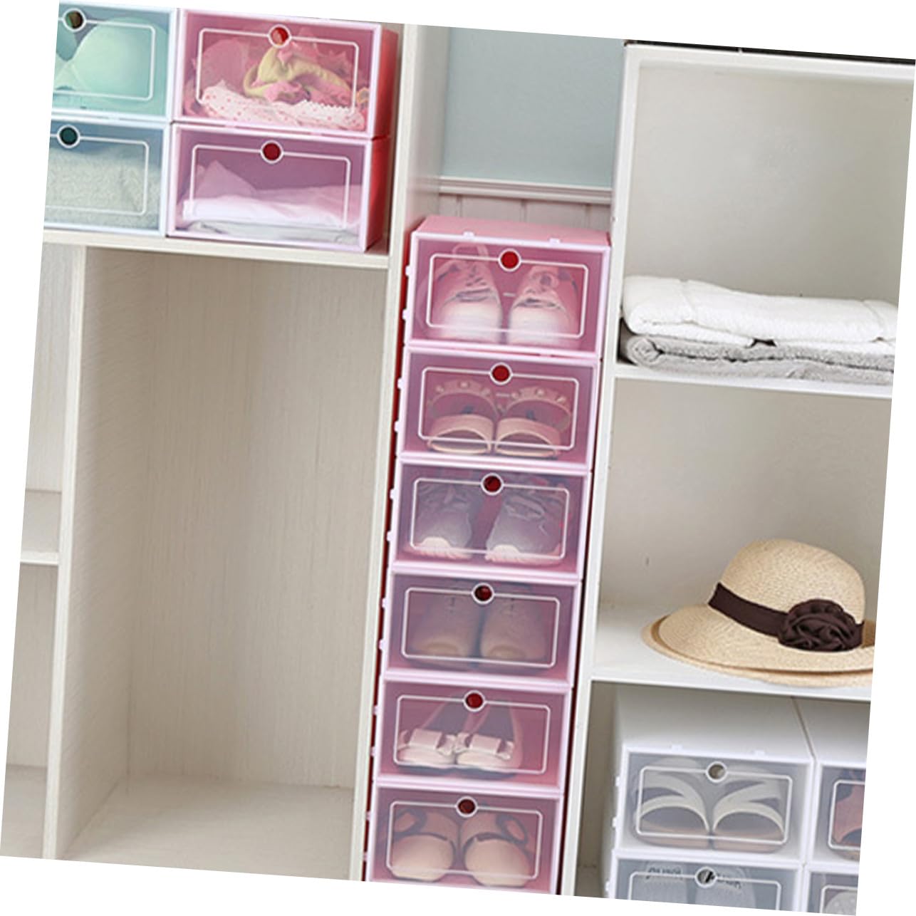 Toyvian Set 6 Pezzi Organizer Scarpe Impilabili Sportello Trasparente in PP Rosa, Scatole per Scarpe Piccole per Casa e Scaffali