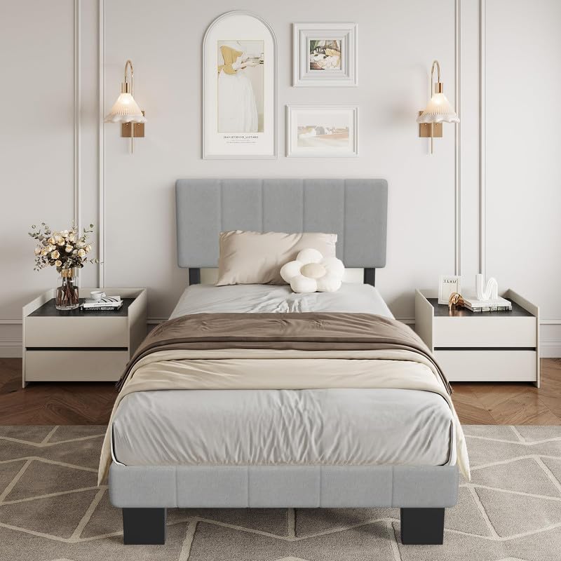 YIDATONG Letto Imbottito 90x200 cm, Rete letto a Doghe in Metallo e Contenitore Spazio, Letto per Singolo con Testiera Regolabile, Struttura Letto in Legno Solida, Facile da Montare