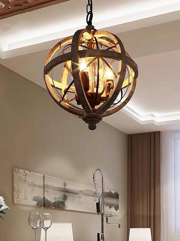 Homary Retro Rustikaler Kronleuchter mit 3 Leuchten, verstellbare industrielle Deckenleuchte mit verwittertem Holz, Metallkugel und Kristallakzenten für Kücheninsel, Esszimmer & Schlafzimmer