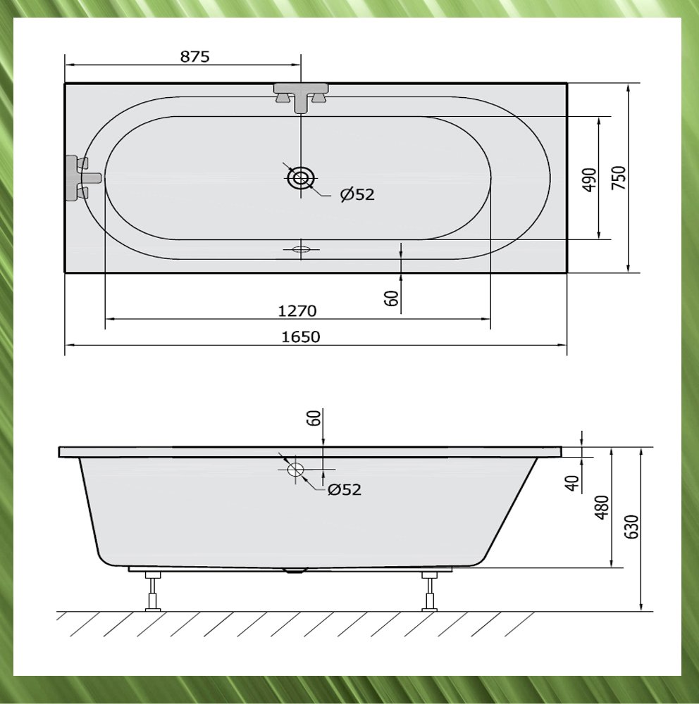 Bañera Astra B 165 x 75 x 48 cm con bañera pies y wandankern acrílico en color blanco