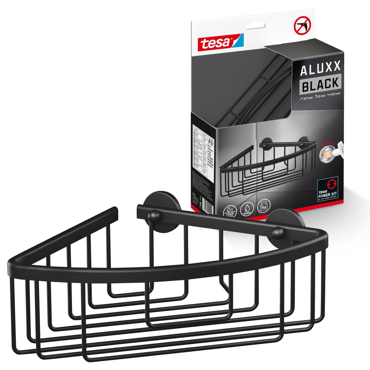 tesa Aluxx Black Corner Shower Shelf for Wall Mounting No Drilling Black Matt Single Tier for Industrial Style