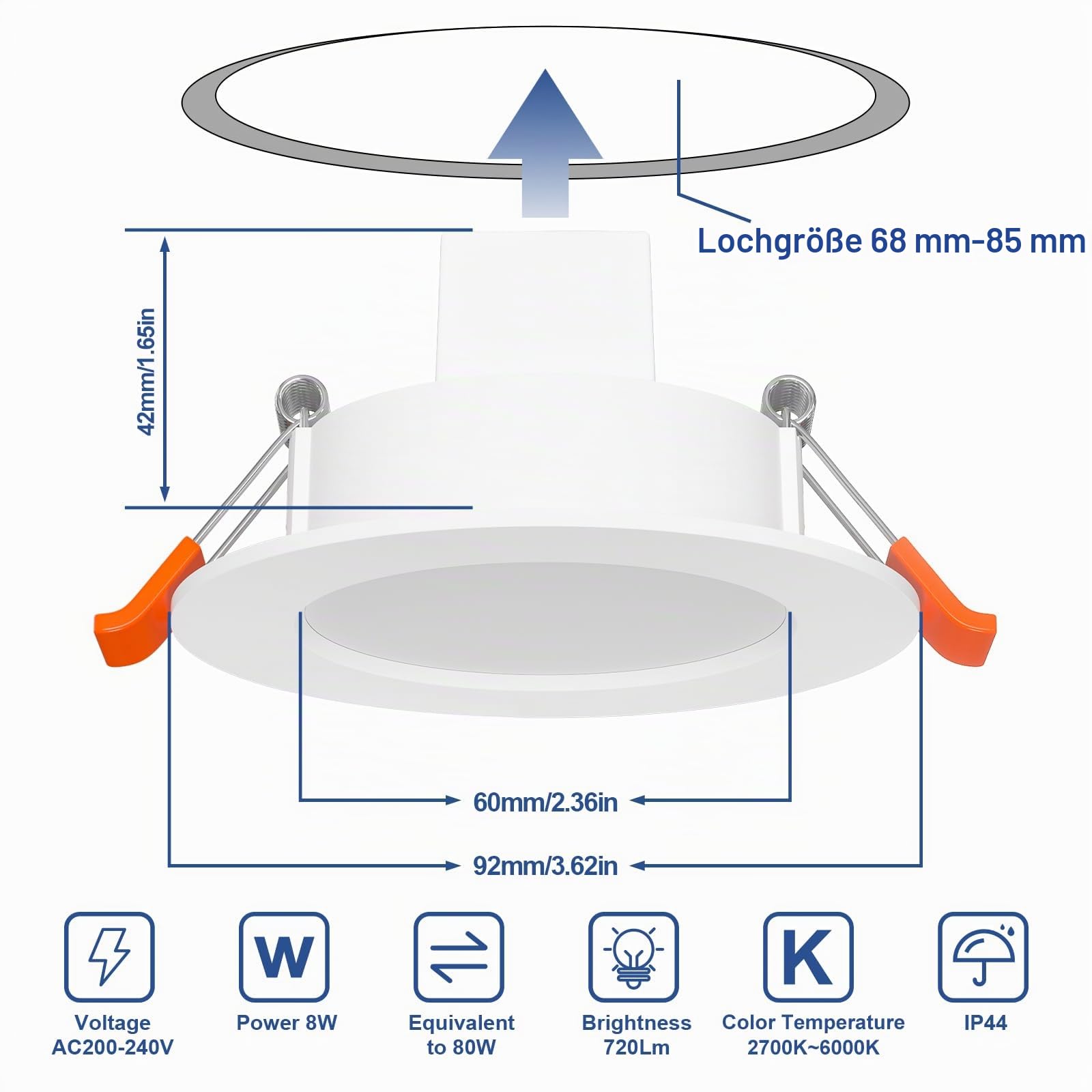Smart LED Einbaustrahler Flach 8W LED Spots 230V, IP44 Bad Einbauleuchten 68mm Kompatibel mit Alexa, Warmweiß & RGB Bluetooth Deckenspots Farbwechsel für Wohnzimmer Schlafzimmer Küche, 6er Set
