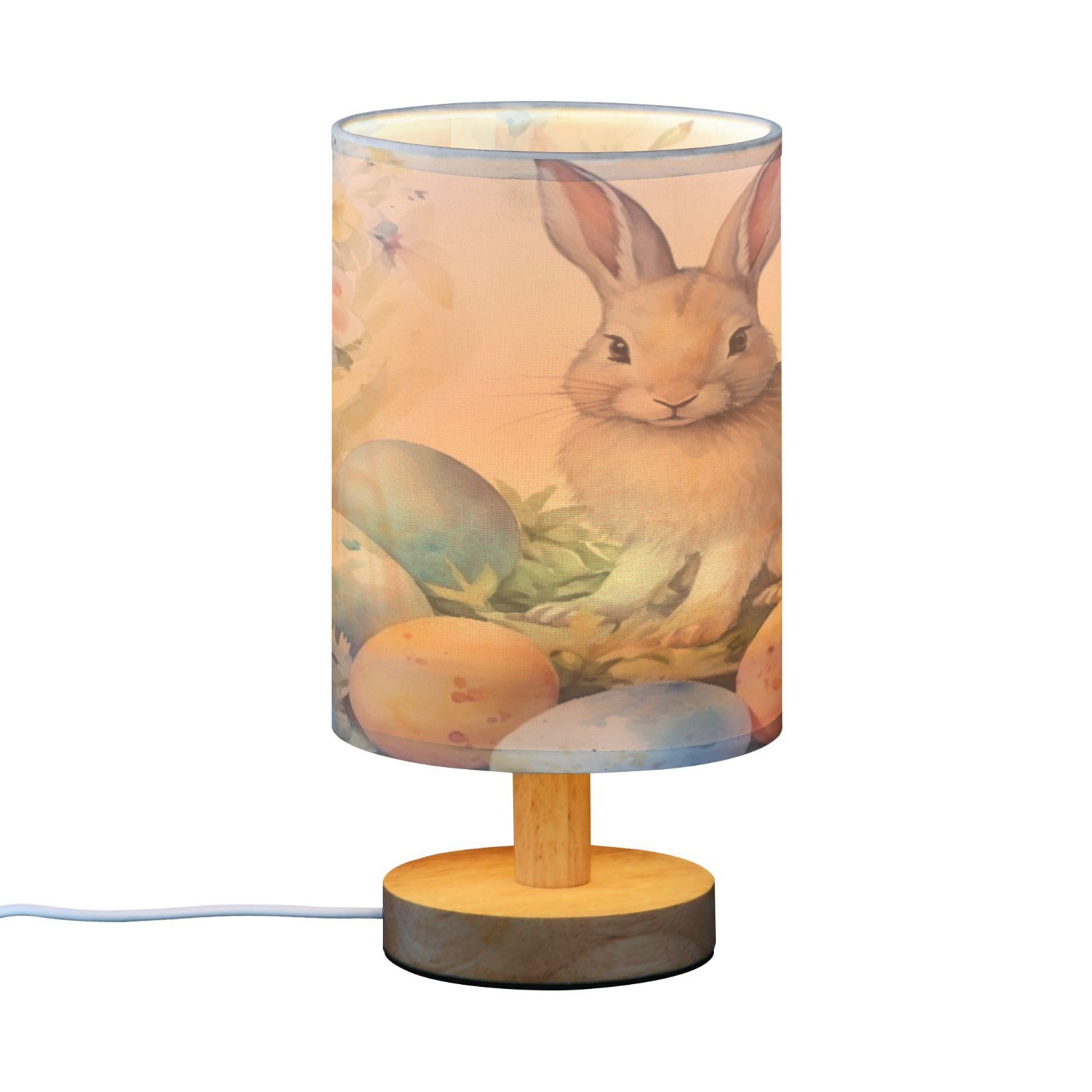 SDMKA Watercolor Rabbit Bedside Table Lamp for Bedroom, Minimalist Nightstand Lamp with Round Fabric Shade for Living Room, Office, No Bulb Required