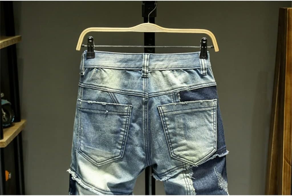 Jeans for Men Slim Fit Elastic Pockets Men's Trousers Hip Hop Streetwear Patchwork Pants Male