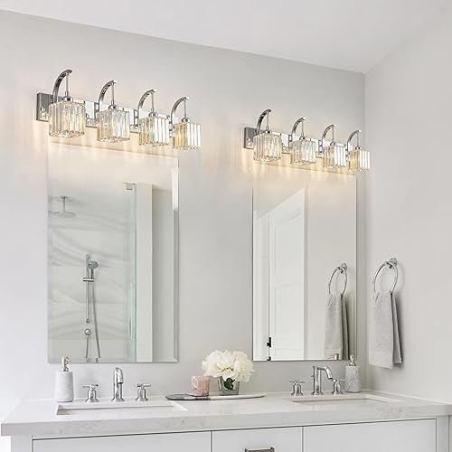 Miniatura 7 de Luces de tocador de cristal cromadas de 4 luces, modernas lámparas de baño de cristal sobre espejo de 32.67 pulgadas de largo para baño