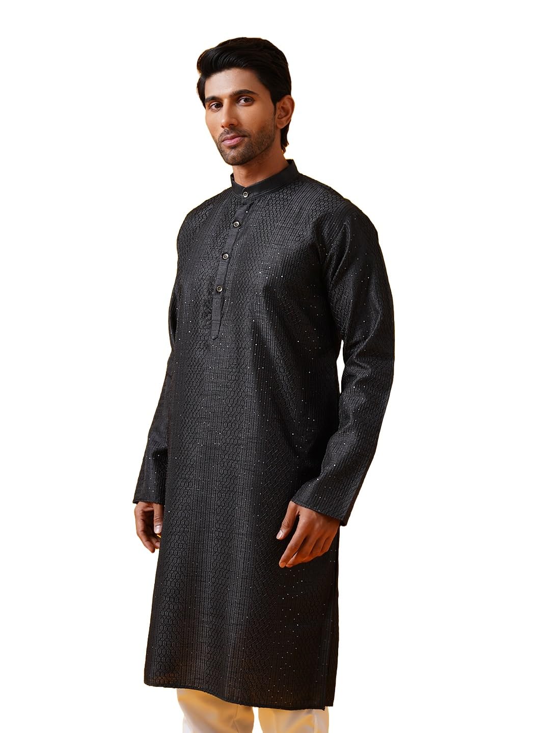 Sojanya (Since 1958 Men's Silk Bend Krochet Thread Embroidered Black Long Kurta