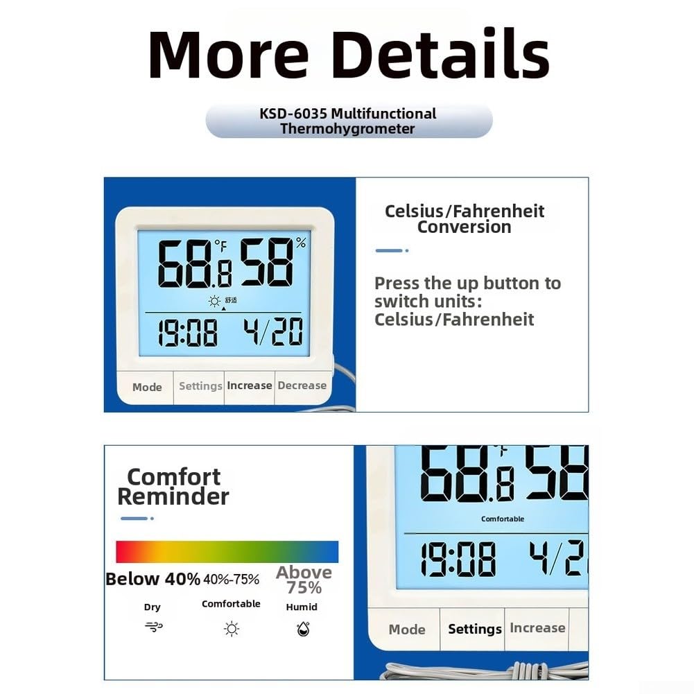 Termometro igrometro digitale con sonda per incubatore rettile, gamma da -50 a 70 °C, display retroilluminato (5 m)