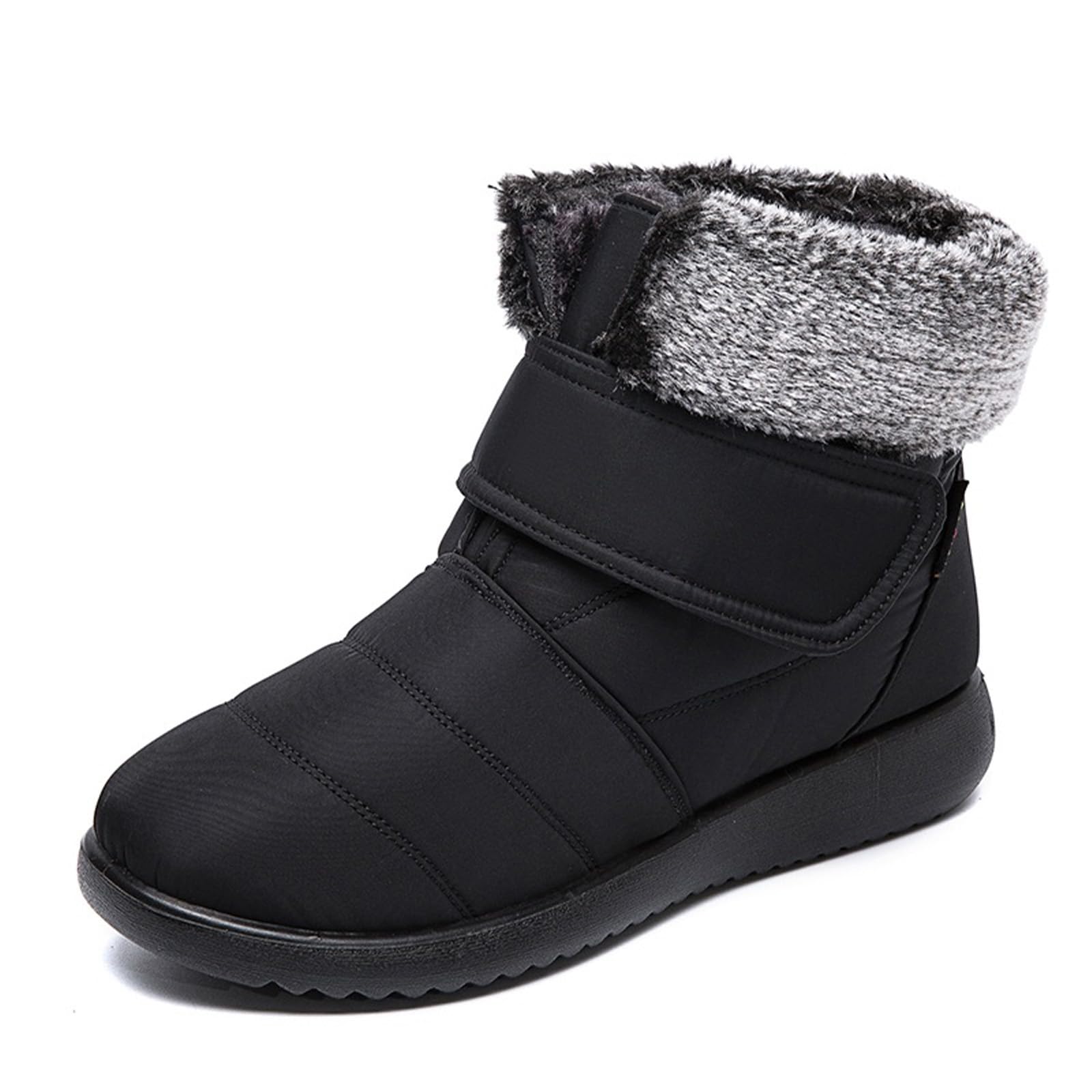 Womens Warm Winter Snow Boots Non-Slip Lightweight Slip-On Fur Lining Ankle Booties with Adjustable Hook-Loop Strap
