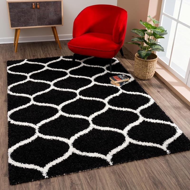 Image of TRANQUIL Polyester Fluffy Fur Rug Shaggy Modern Carpet for Living Room, Bedroom, Guest Room, Kids Room (6x9 Feet, Black Ivory)
