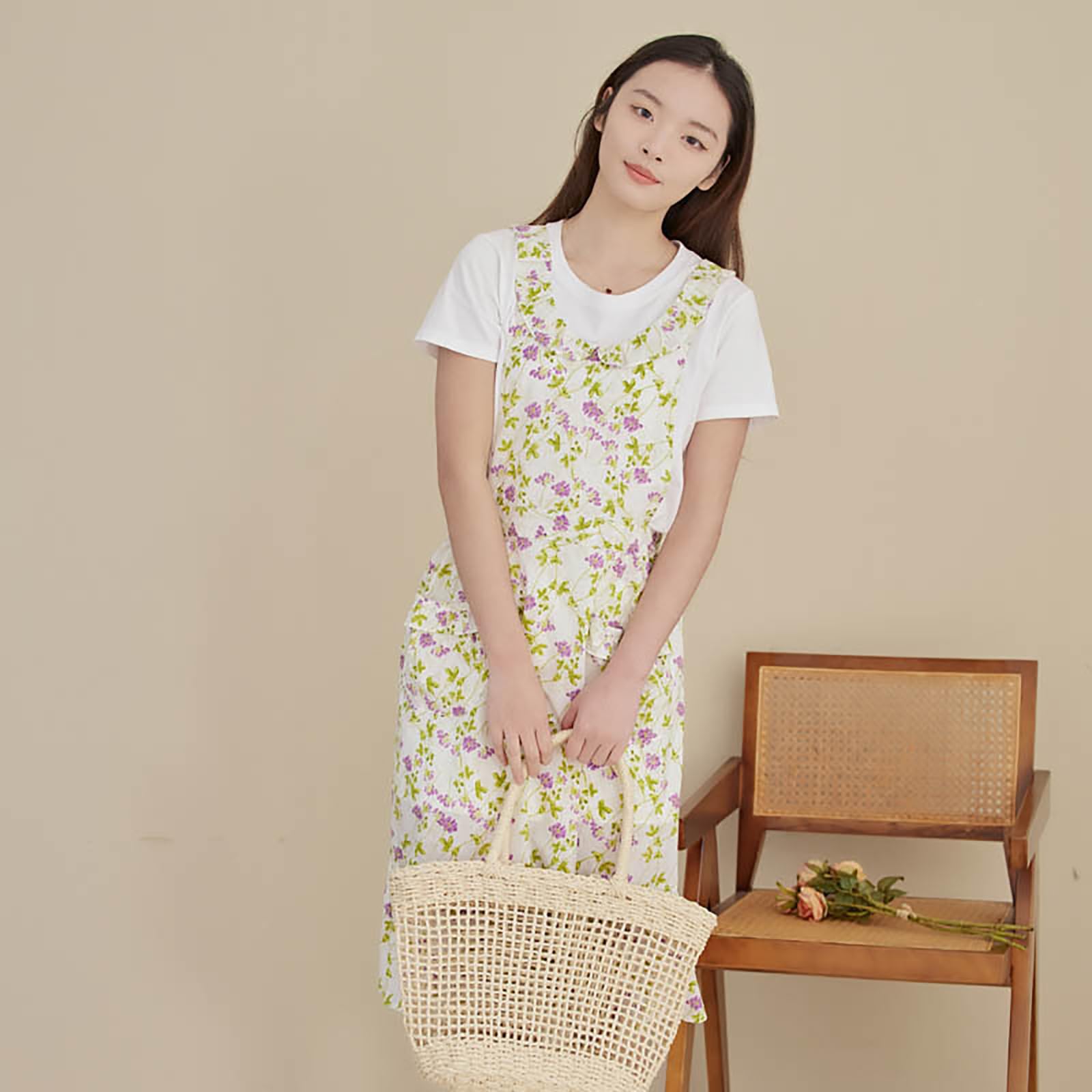 Delantal De Algodón para Mujer, Lindo Delantal Estampado, Delantal De Cocina Ajustable con Espalda Cruzada Y Bolsillos,One Size,White
