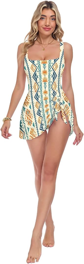 Western Boho Vintage Striped Tribal Pattern Adjustable One Piecing Womens Swim Dress Swimdress Swimsuit for Swimming