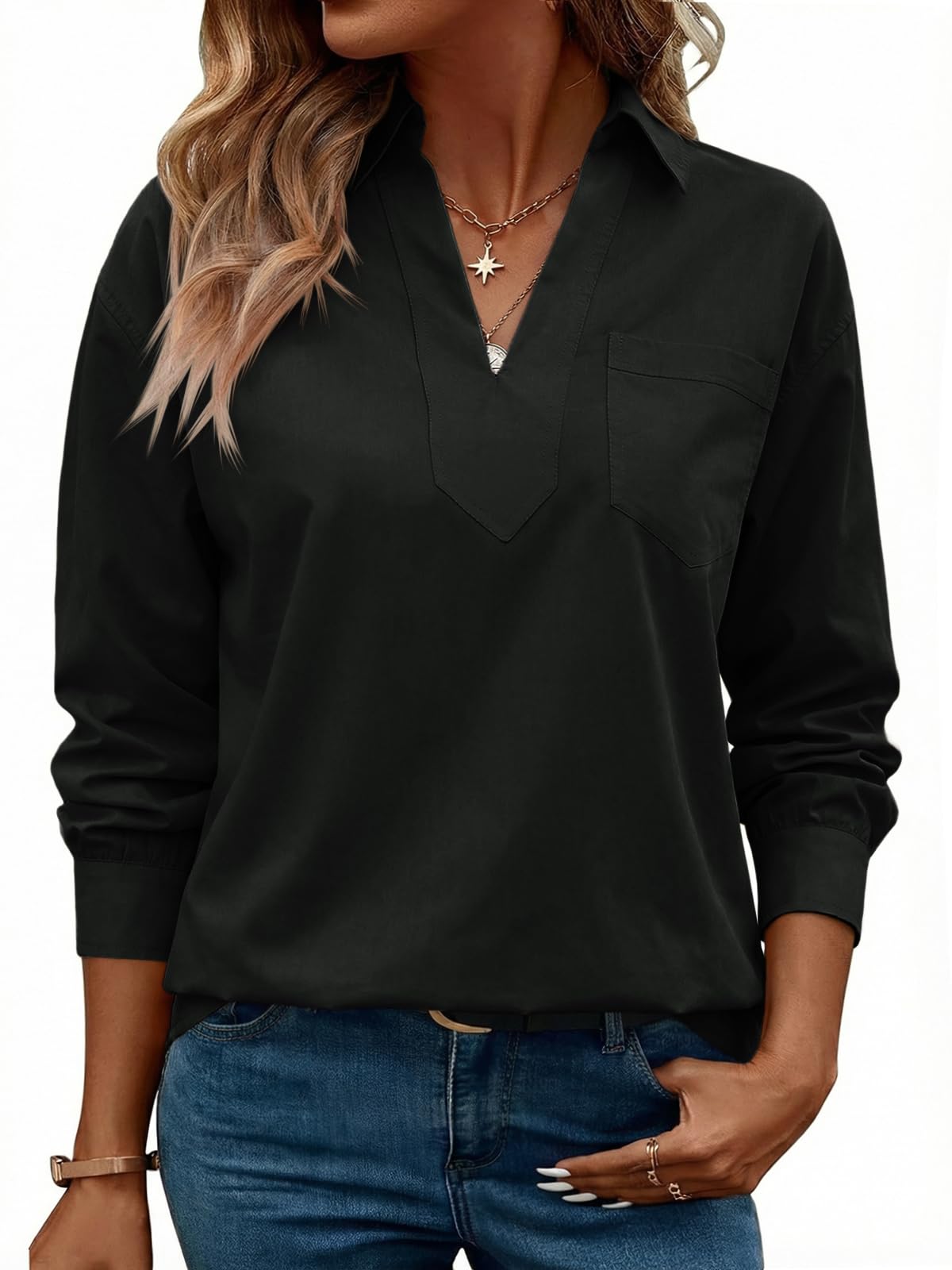 Cicy Bell Langarmshirt Damen V-Ausschnitt Bluse Einfarbig Elegant Oberteile Tunika Lässig Oversized Blusenshirt mit Brusttasche Casual Tops