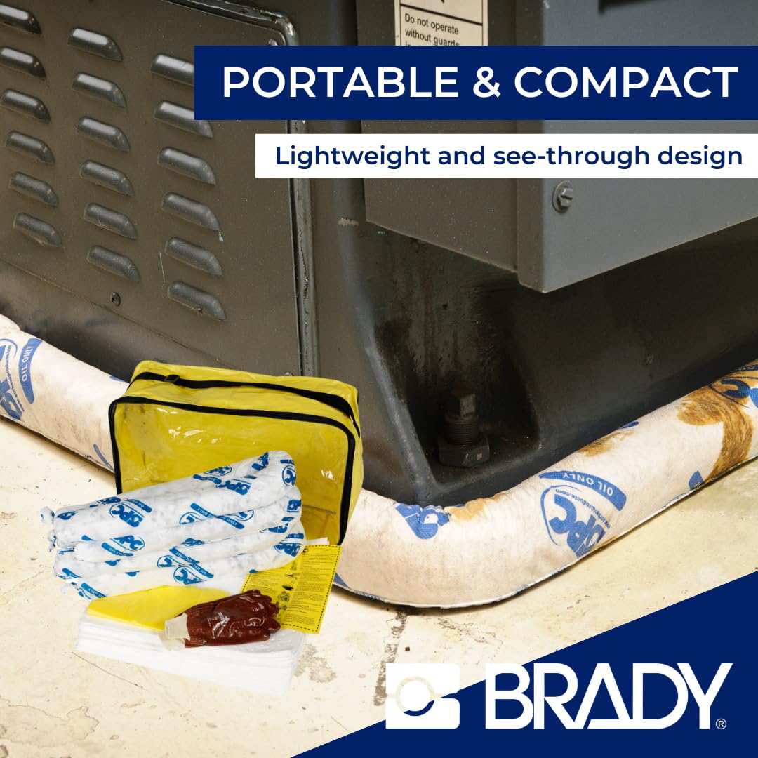 SPC® by Brady Kit Anti-Inquinamento per Oli – Kit Assorbente per Sversamenti di Oli e Liquidi a Base di Petrolio, Include 25 Panni Assorbenti per Olio, 4 Calze, Guanti e Sacco per Smaltimento