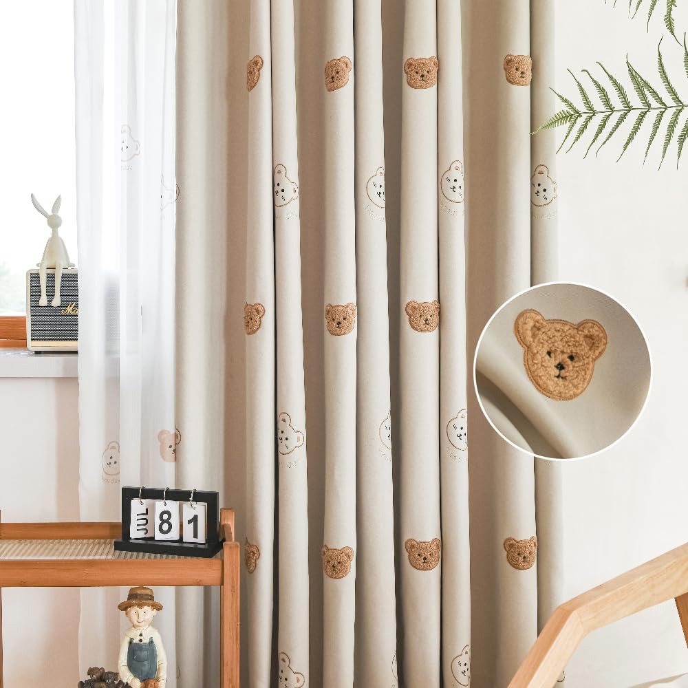 Cartoon Embroidery Bears Blackout Curtains for Bedoom Living Room Grommet