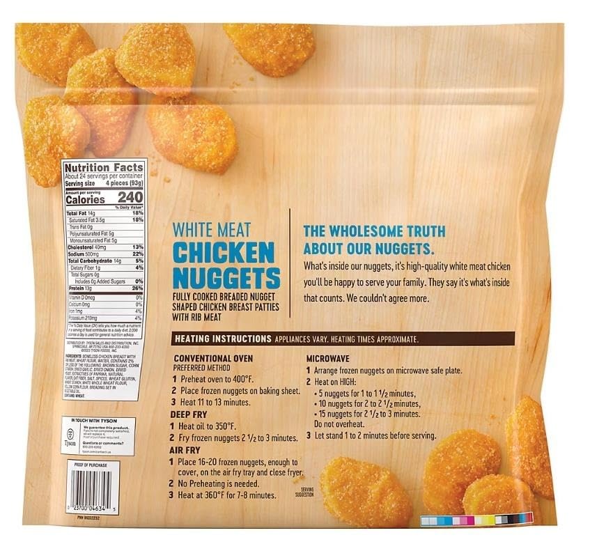 Frozen All Natural White Meat Chicken Nuggets , These chicken nuggets are made with all natural white meat chicken with no artificial ingredients, then breaded and seasoned to perfection. With 12 grams of protein and 0 grams of trans fat per serving, these chicken nuggets are sure to be a hit with the entire family. Fully cooked and ready-to-eat, simply prepare in an oven or microwave and serve with ketchup for a protein-packed lunch. [ 80 oz , 5 lb ]