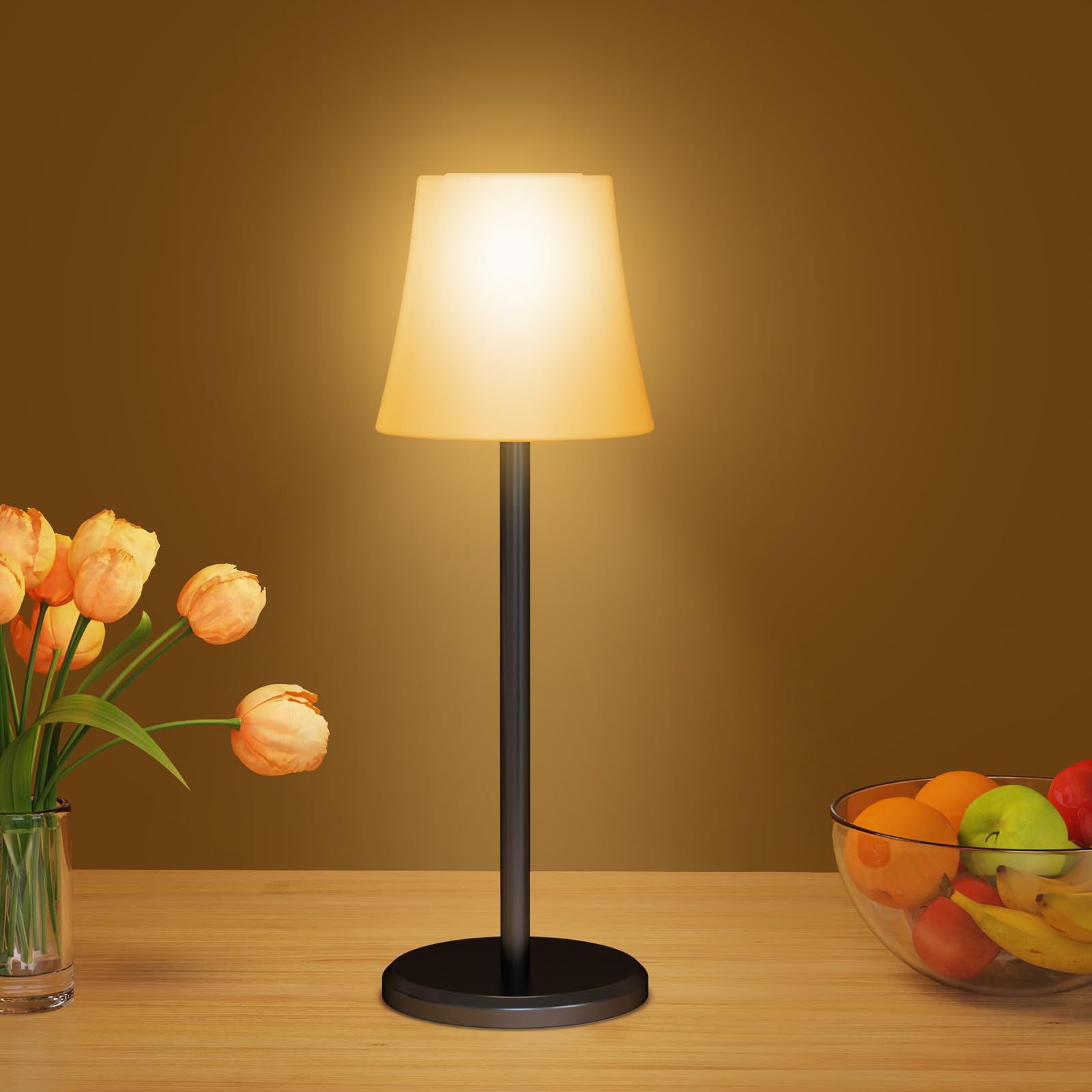 Suright Lámpara de Mesa Inalámbrica, Lámpara de Noche Recargable Brillo Ajustable 3 Temperaturas de Color+RGB, Lámpara de Escritorio IP54 Impermeable para Restaurante, Dormitorio, Camping, Cafetería