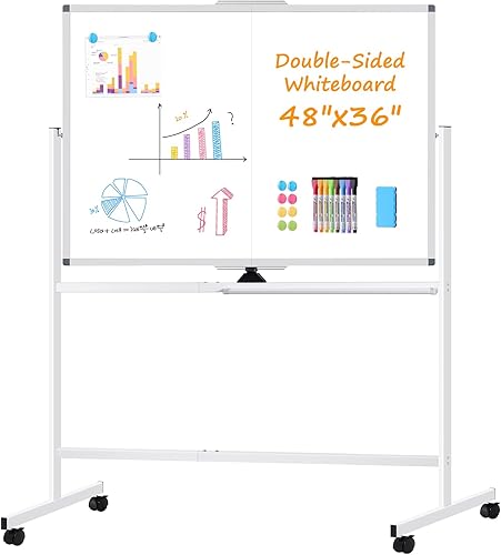 WALGLASS Pizarra blanca rodante de borrado en seco, 48 x 36 pulgadas, pizarra blanca de doble cara sobre ruedas, pizarra blanca portátil grande con