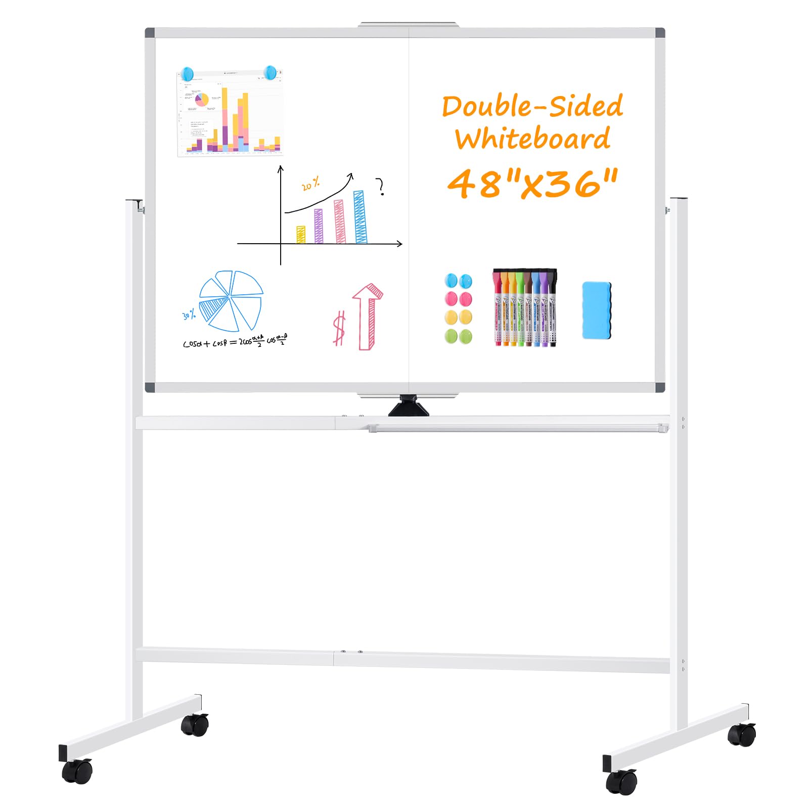 WALGLASS Rolling Dry Erase Whiteboard, 48"x36" Double-Sided White Board on Wheels, Large Portable White Board with Stand, Mobile Standing Whiteboards