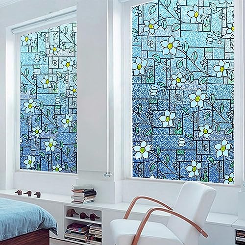 Image of SIA VENDORS Window Privacy Decorative Stained Glass Window Decal Tint Film, Adhesive Static Cling Sun Blocking Window Stickers, Door Window Covering for Home (12IN' x 4FT', Blue Daisy)