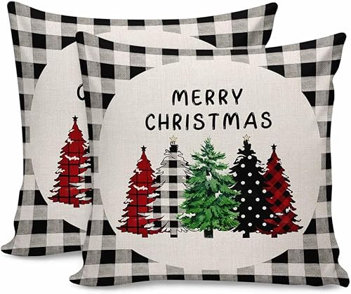 Juego de 2 fundas de almohada de Navidad de 18 x 18 pulgadas, fundas de cojín suaves de color blanco y negro, a cuadros, para sofá, dormitorio,