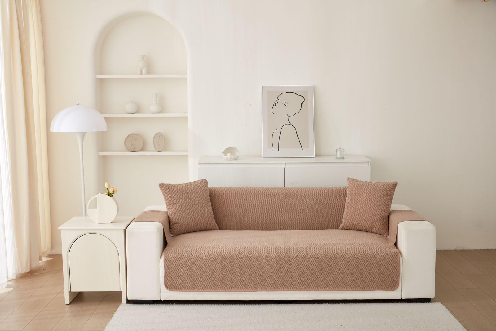 HOMETHREADS Premium Style Anti Slip Sofa Cover Set | Polyester Sofa Slipcover | 1Pc Front Cover with Attached Armrest + 1Pc Back Cover (Beige, 3 Seater | 176x175cm)-image-48