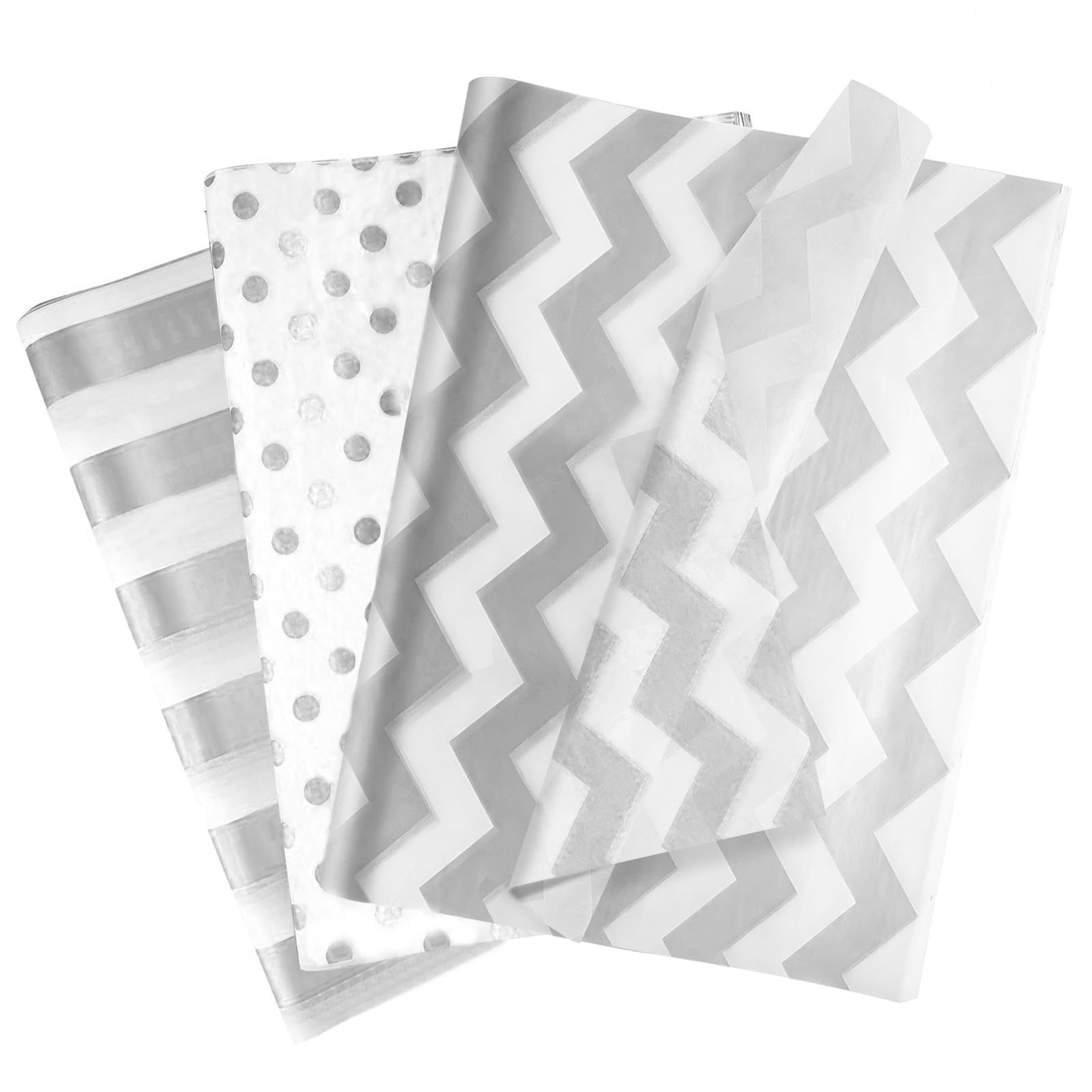 60 Sheets Tissue Paper for Gift Bags, White with Silver Strips, Waves, Dots Art Tissue Paper Bulk for Decoration DIY Crafts Birthday Wedding Packaging, 14 X 20 Inches