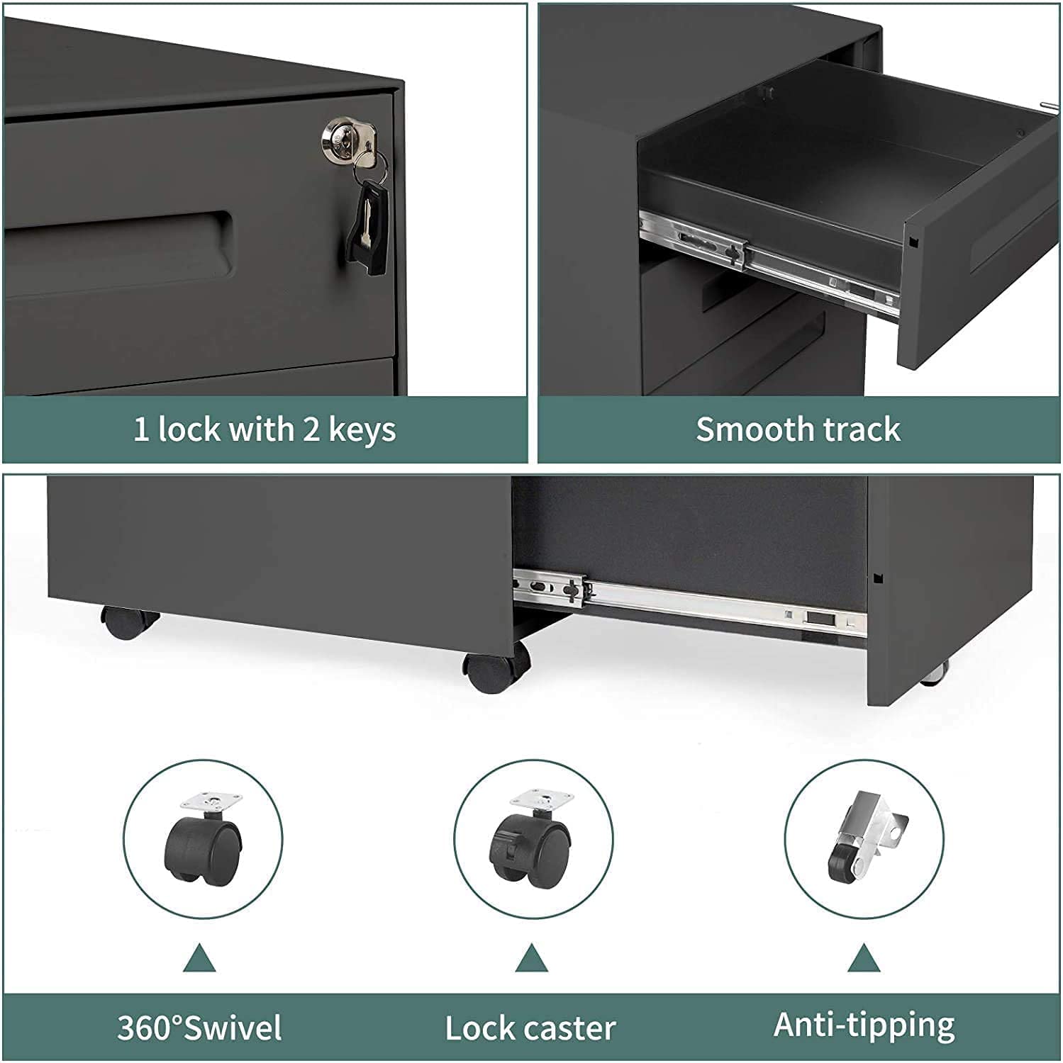 Dripex Metall Rollcontainer Stahl Rollcontainer mit 3 Schubladen und Hängeregistratur Abschließbarer Büroschrank Bürocontainer 5 Räder Aktenschrank 39 x 45 x 60 cm