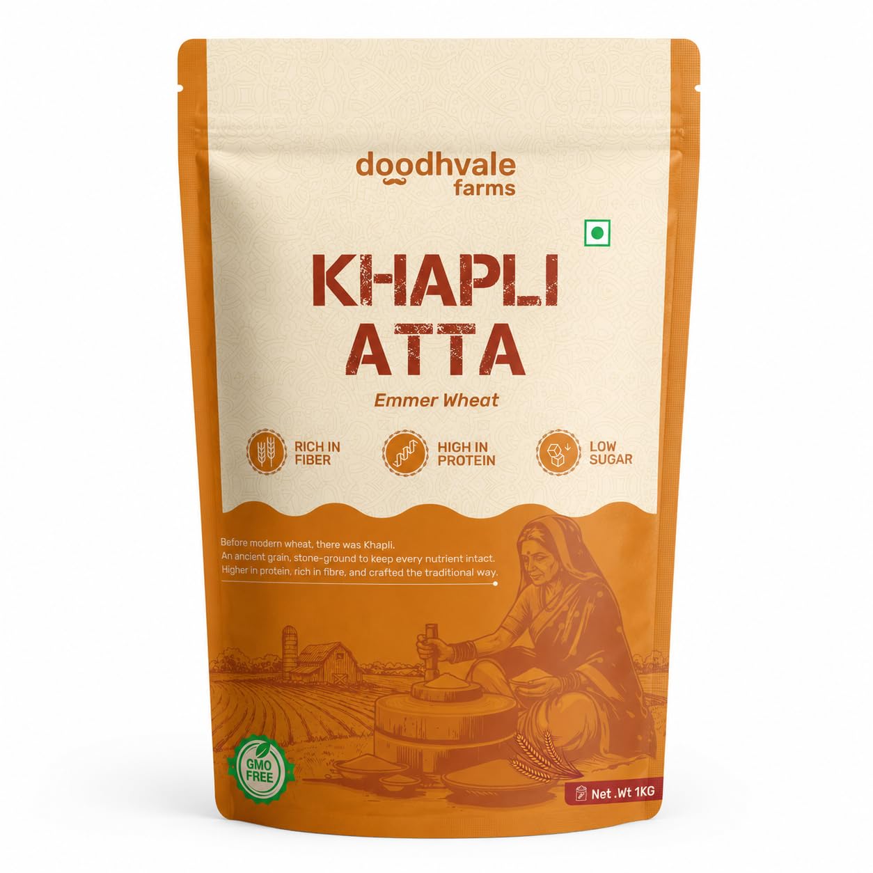 Doodhvale Farms Khapli Wheat Flour (1kg) | Low-Gluten Wheat Flour | High Dietary Fiber for Easy Digestion | Stoneground Emmer | Khapli Atta-image-22