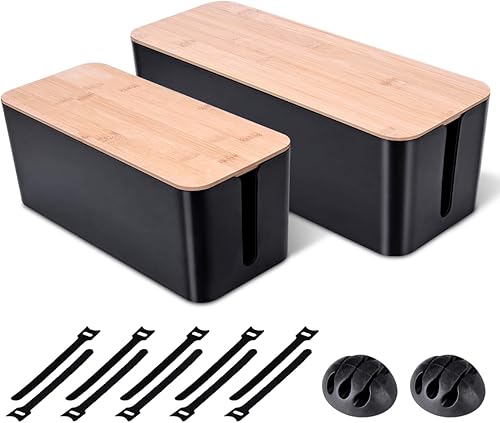 2 Pack Large Cable Management Box – Wooden Style Cord Organizer Box and Cover for TV Wires, Computer, Router, USB Hub and Under Desk Power Strip –