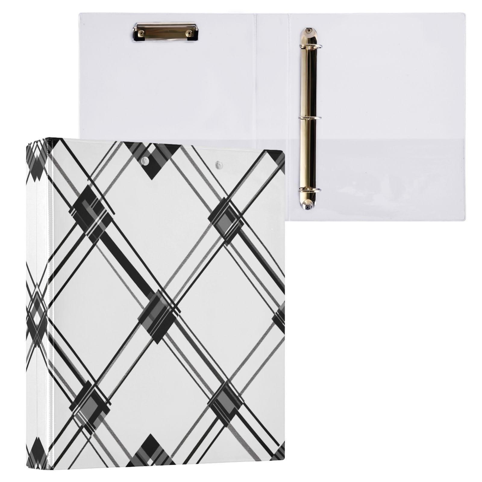 Raccoglitori a 3 anelli da 3,8 cm a quadretti con griglia a rombi decorativi rotondi con clip in metallo, organizer per casa e ufficio, confezione da 2