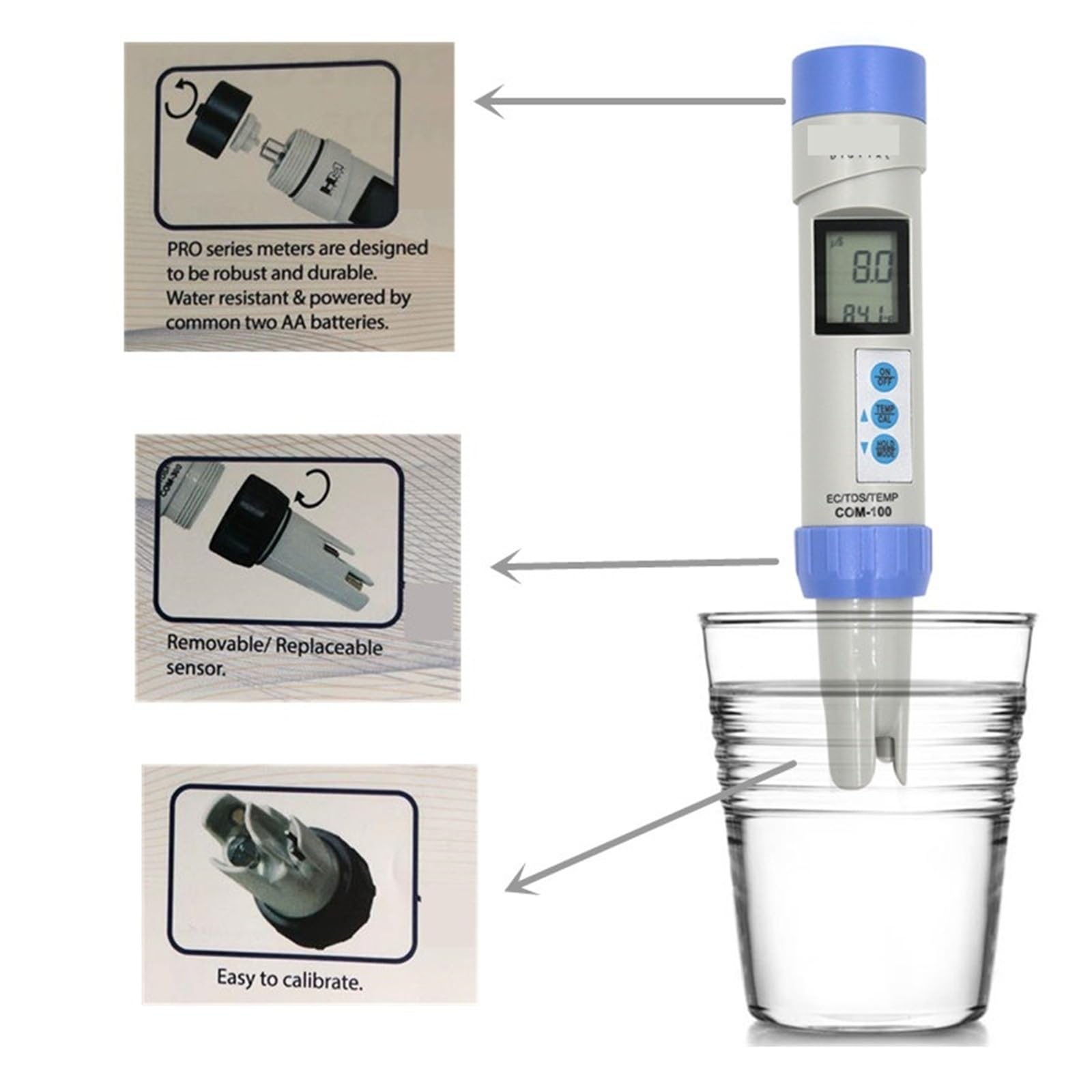Probador de Agua, Analizador de CE Profesional, medidor de TDS, comprobador de Temperatura con calibración automática y retención de Datos, Herramientas de medición for Piscinas.