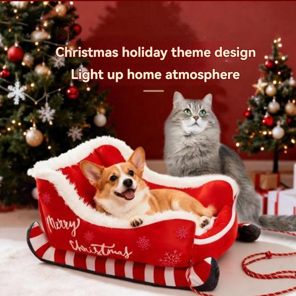 Christmas Sleigh Dog Bed, 2026 New Funny Santa Sleigh Pet Warm Bed with Non-Slip Base, Removable & Washable Plush Pet Warm Sofa, Dog Sleigh Bed for Cat and Dogs (B-M(25.6 * 20.5 * 11.8in))