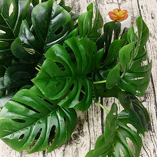 Image of Dekorly Artificial Palm Plants - Faux Turtle Leaf, Fake Monstera Tropical Large Palm Tree Leaves for Outdoor UV Imitation Decorations (12 Leaves | Without Pot)