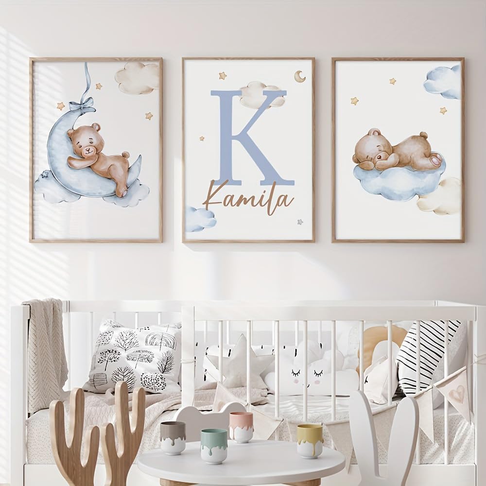 3 Laminas Personalizadas Nombre Bebe 30X40CM Cuadros Infantiles Para Habitacion Niño Poster Ositos Lienzo Habitacion Bebé Laminas Infantiles Azul Beige Cuadros Dormitorio Bebe Niño sin Marco