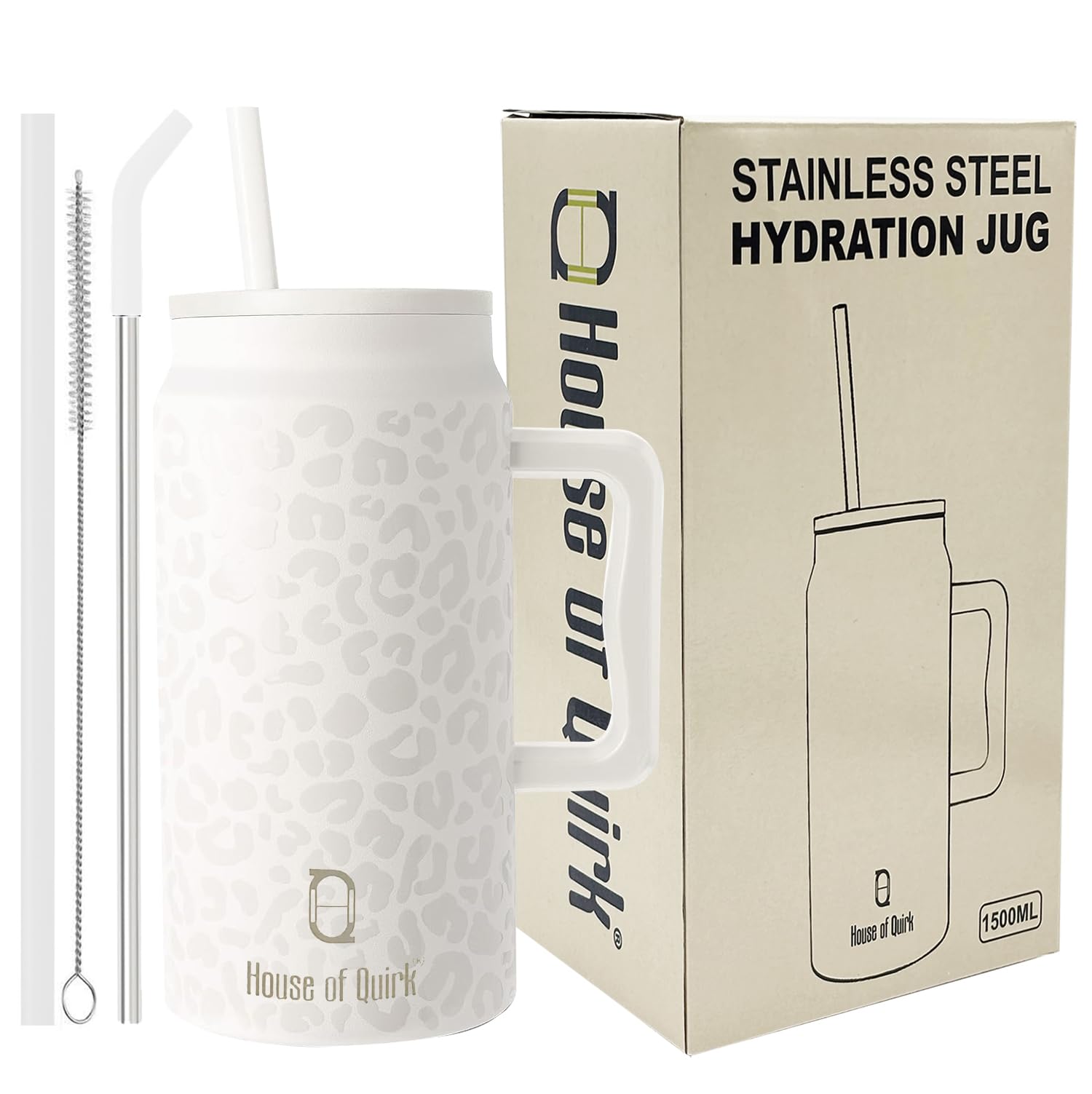 Sponsored Ad - House of Quirk 1500ML Stainless Steel Mug Tumbler with Handle & Straw Lid – Large Water Bottle for Men & Women (White Leopard)
