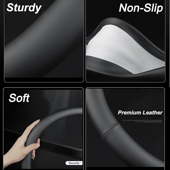 XHRING Car Steering Wheel Cover for Toyota Tacoma 2012-2026 Tundra 2000-2026 4Runner 10-2026 Sequoia 14-2026 2/4 Door SR5 Trail Limited Platinum TRD Pro Off Road 4x4 Sport Accessories, Leather Black L
