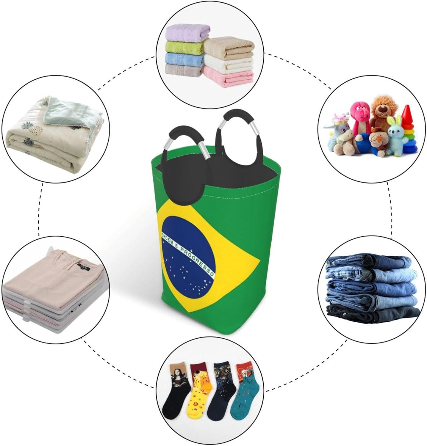 Brazil Flag Foldable Dirty Laundry Bag, Waterproof Oxford Fabric With Pe Board Base, 50l Capacity For Home & Travel