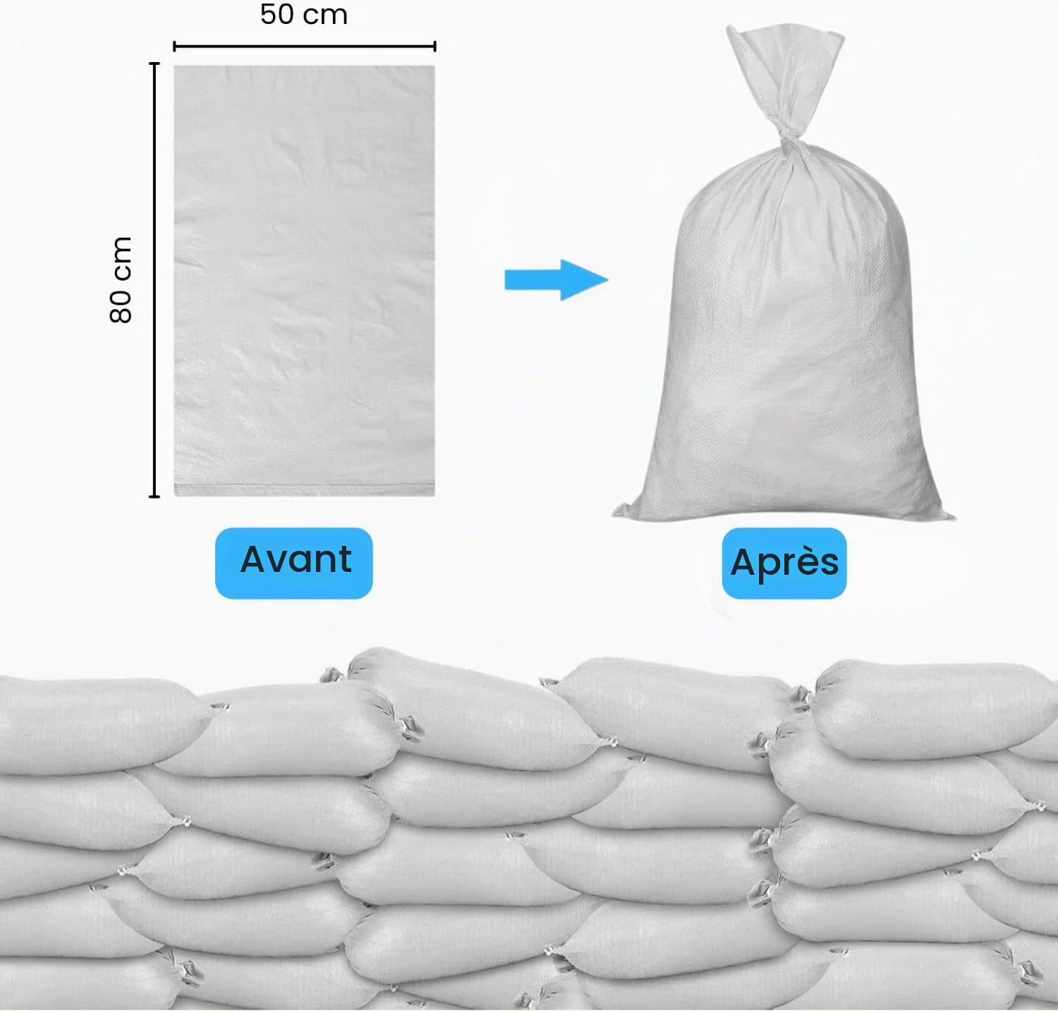 Sac à Gravat 50x80 cm Lot de 500 - Sacs en Polypropylène Alimentaire pour Cereale Chantier Riz et Grain | Sacs de Chantier, de Jardin et à Sable | Tissés PP | Réutilisables