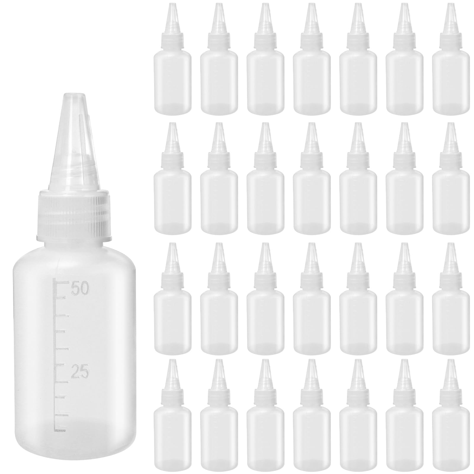 ZEONHEI 50 Pack 50ml Squeezy Bottles with Nozzles and Volume Measures, Small Plastic Squeeze Bottle, Multipurpose Sauce Squeeze Dispensing Bottles for Condiments, Ketchup, Mustard, Pigment