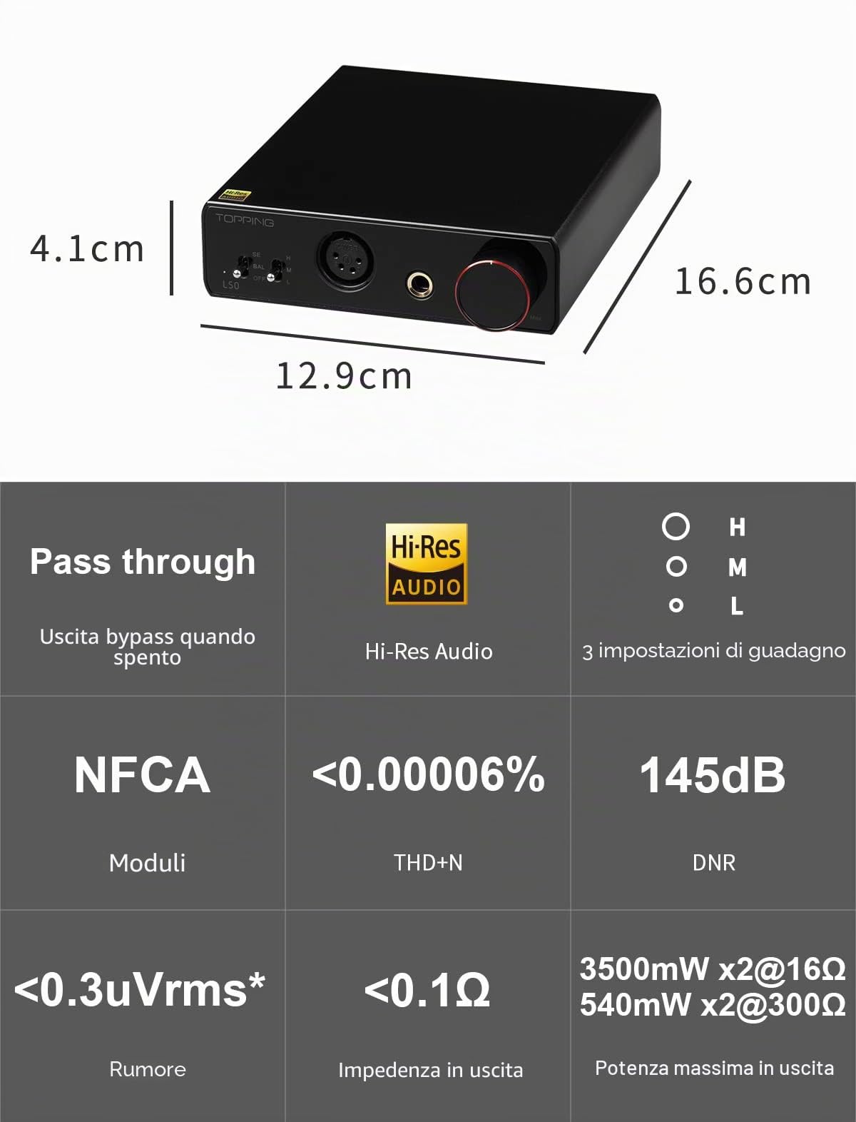Topping L50 Amplificatore NFCA Modulo 0,3 uV Ultra Low Noise HiFi SE/BAL Ingresso Bypass Uscita Cuffie Amplificatore (Nero)
