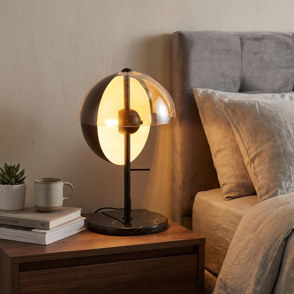 BARCELONA LED Lampa Stołowa UMBRA E27 Nowoczesny Design z Podwójnym Kloszem Czarny Metal i Bursztyn, Lampka Biurkowa z Pośrednim Światłem Bez Oślepiania Styl Industrialny